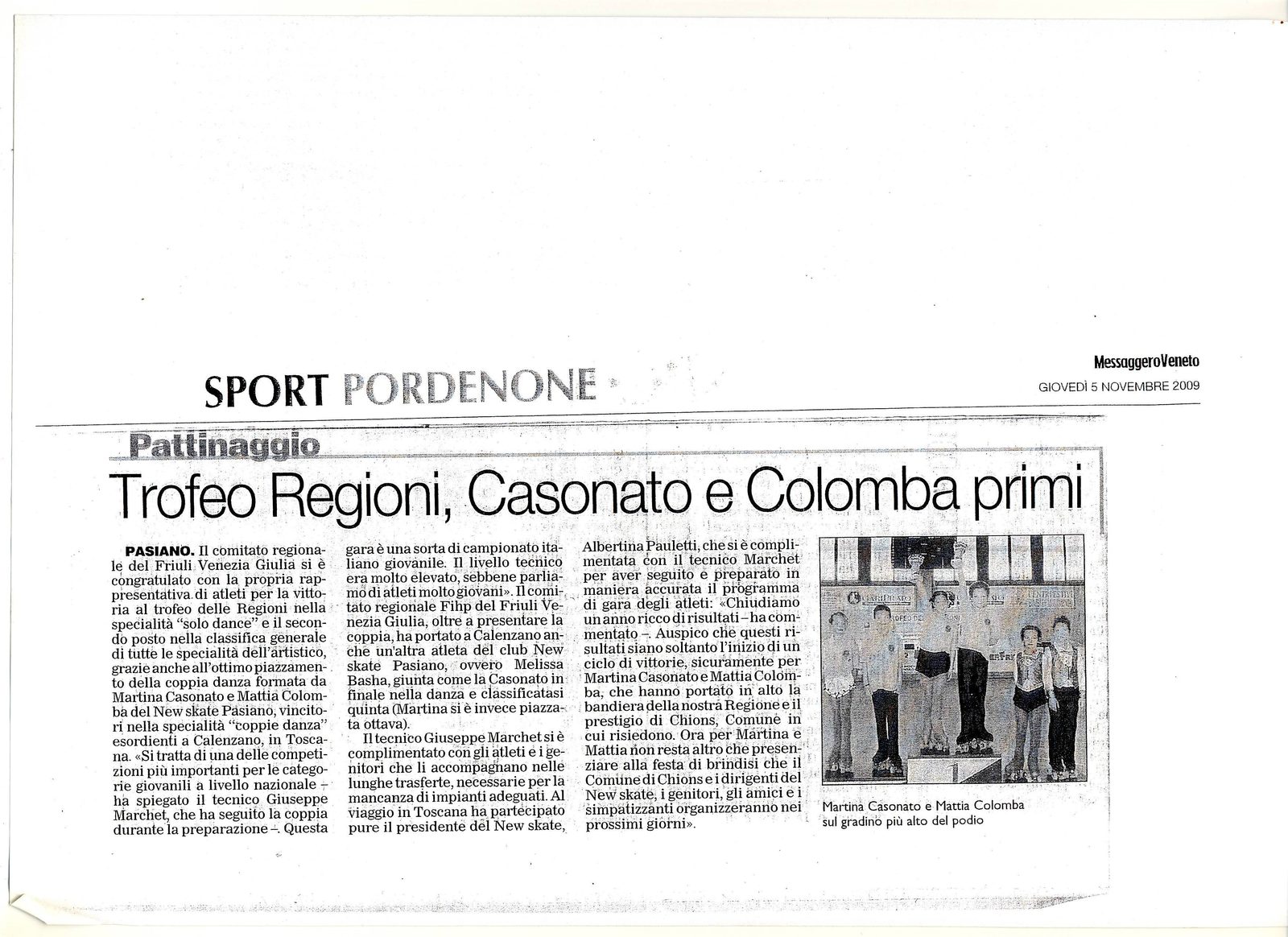 La coppia danza Martina Casonato e Mattia Colomba campioni del trofeo delle regioni a Calenzano nel 2009
